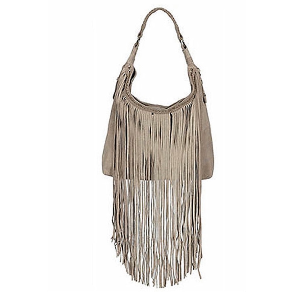 Last Chance….Sondra Roberta Gray Suede Leather Large Fringe Studded Hobo Bag - Picture 16 of 16